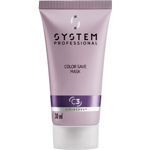 Light purple tube with a silver cap, labeled "System Professional Color Save Mask," featuring a white logo and a purple stripe, designed for color-treated hair care.