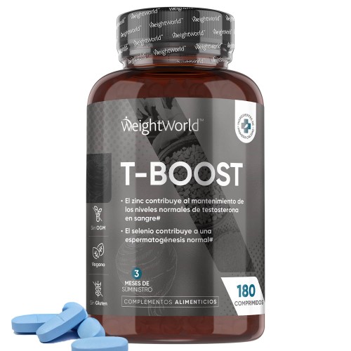 Brown plastic bottle labeled "T-BOOST" with a white cap, containing 180 blue vegan tablets, highlighting testosterone support and featuring 12 key ingredients.