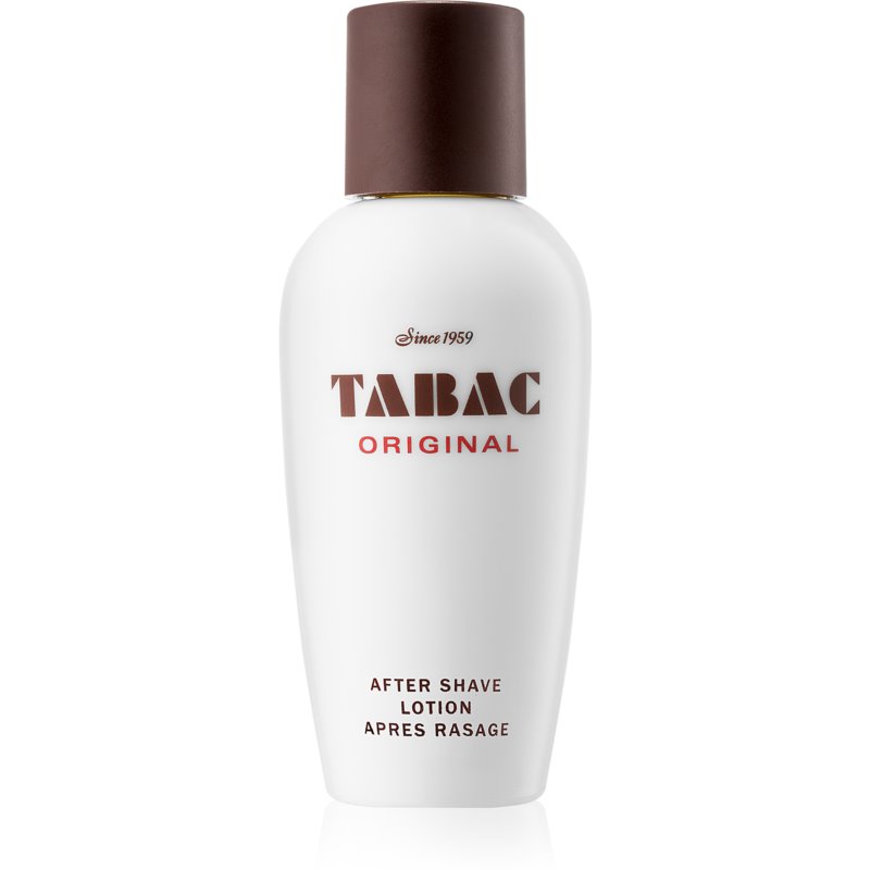 White bottle with a brown cap, featuring the text "TABAC ORIGINAL" in bold red letters, labeled as "AFTER SHAVE LOTION" with a vintage design, 75ml size.