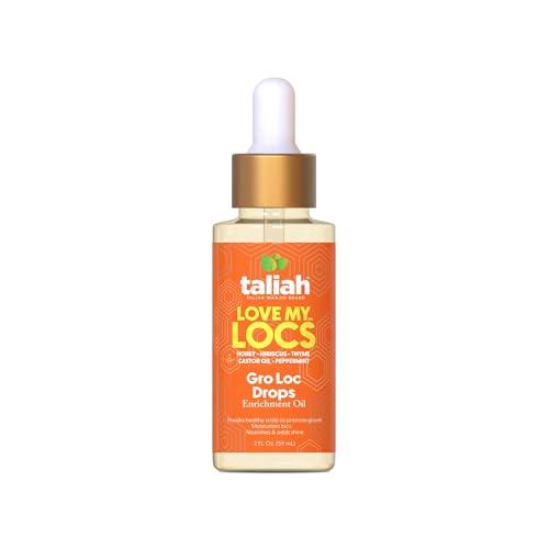 Clear glass bottle with an orange label featuring the text "Love My Locs" and "Gro Loc Drops Enrichment Oil," topped with a white dropper cap.