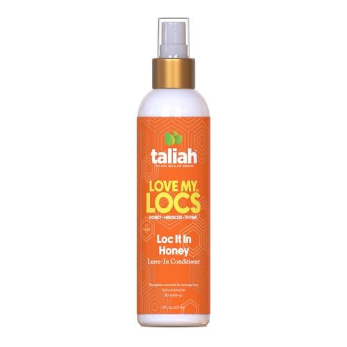 Taliah Waajid Love My Locs Leave-in Conditioner in an 8 oz spray bottle features a bright orange label with honeycomb design and a gold spray top.