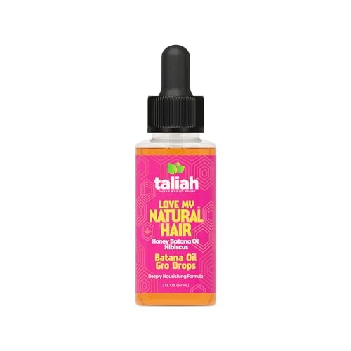 Taliah Waajid Love My Natural Hair Batana Oil Gro Drops in a clear glass bottle with a black dropper, featuring a bright pink label with green and yellow accents.