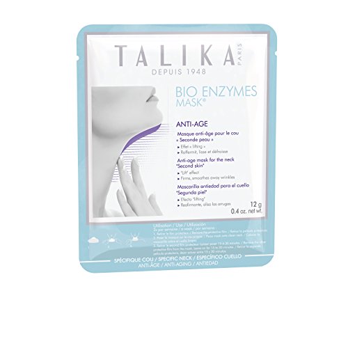 Talika Bio Enzymes Anti-Aging Neck Mask in a light blue and white packet, featuring a silhouette of a woman's neck and the product details prominently displayed.