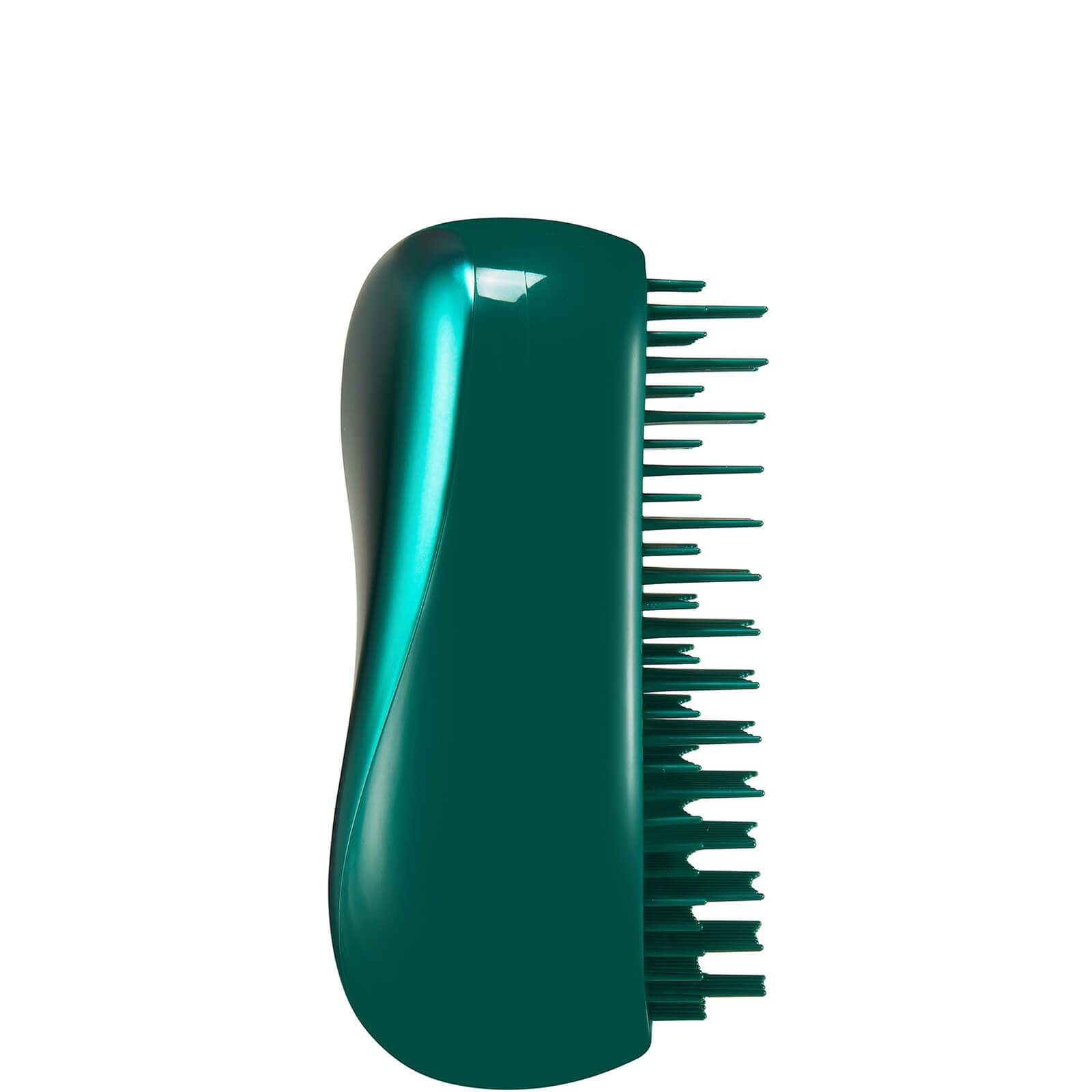 Compact hairbrush in a vibrant green jungle color, featuring a sleek, curved design and flexible bristles for detangling hair easily, ideal for travel.