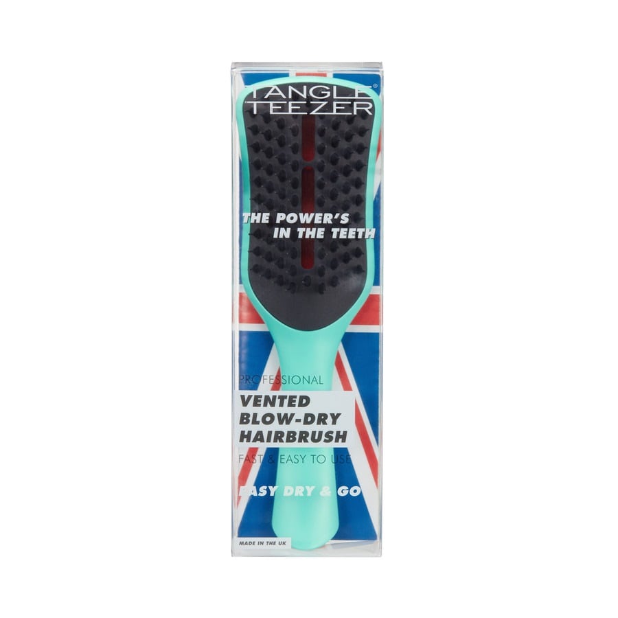 Ventilated hairbrush in mint and black, featuring a unique vented design for efficient blow-drying, packaged in a box with a Union Jack motif.