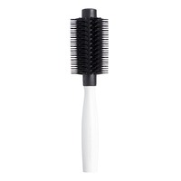 Small round styling brush with a white handle and black bristles, featuring a unique design for effective blow-drying and styling.