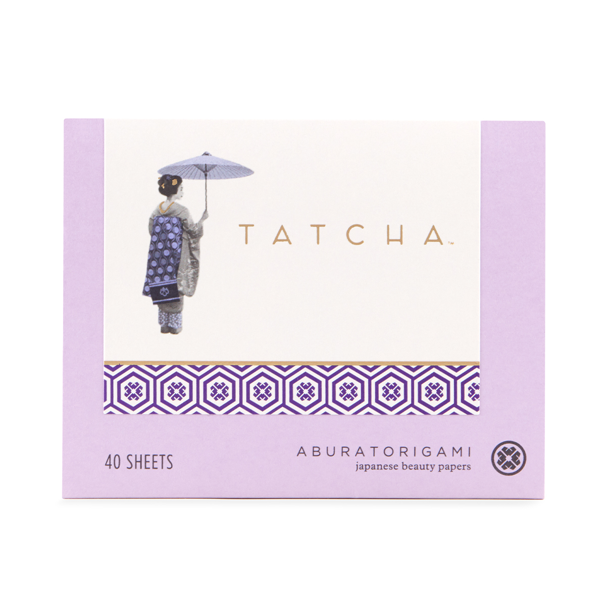Lavender box featuring Tatcha branding, adorned with a traditional Japanese woman under a parasol, containing 40 sheets of Aburatorigami blotting papers.
