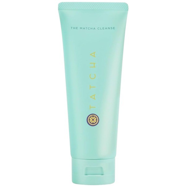 A mint green tube of Tatcha's "The Matcha Cleanse Facial Cleanser," featuring a gold logo and a flip-top cap, labeled with the product name in elegant typography.