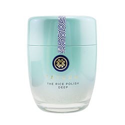 Light blue and clear glass jar with a white and blue patterned ribbon, featuring a gold emblem, containing 2.1 oz of Tatcha's "The Rice Polish - Deep" powder.