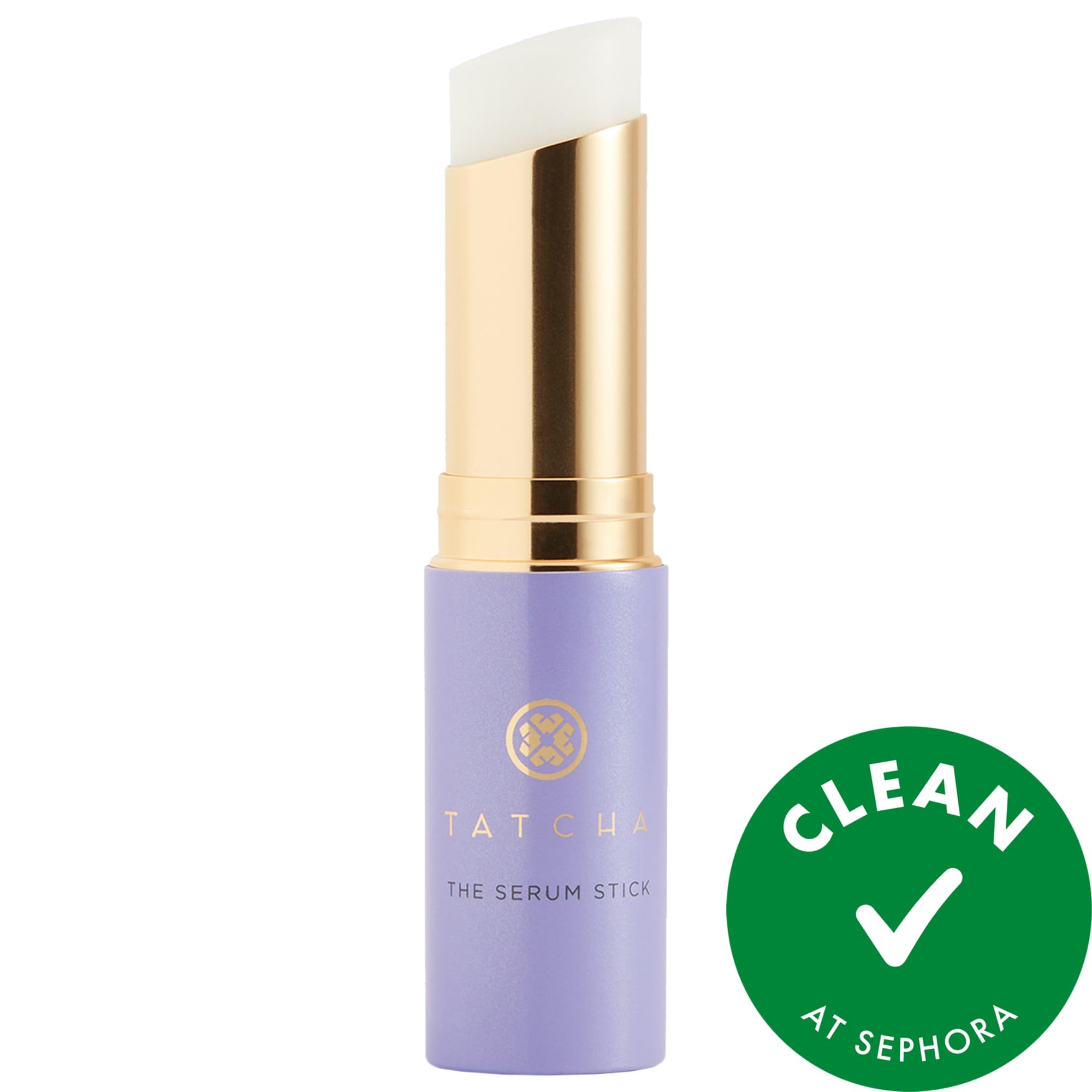 A lavender stick with a gold cap, labeled "Tatcha The Serum Stick," featuring a white balm tip and a green "Clean at Sephora" badge.