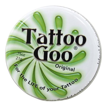Round tin of Tattoo Goo® Original, featuring a green and white swirl design with bold black text, labeled "For the LIFE of your Tattoo," containing 0.75 oz (21g) of product.