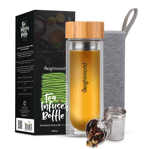 Clear glass tea infuser bottle with a bamboo lid, showcasing golden tea inside, accompanied by a grey carrying sleeve and a metal infuser for loose leaf tea, all in a branded box.