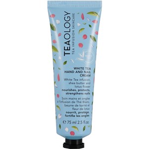 Light blue tube of Teaology White Tea Hand & Nail Cream, featuring floral illustrations and text, with a capacity of 75ml/2.5oz, designed to nourish and strengthen nails.