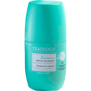 Turquoise roll-on deodorant with a smooth, rounded cap, labeled "Teaology Balance" featuring text in white and light blue, emphasizing freshness and protection.