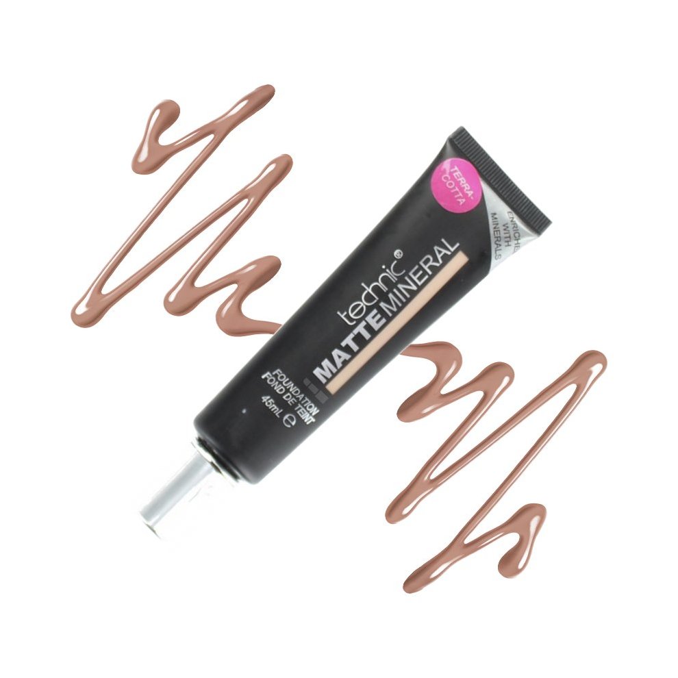 Technic Matte Mineral Foundation in Café Au Lait, featuring a sleek black tube with a silver nozzle, surrounded by swirls of matching liquid foundation in a warm brown shade.