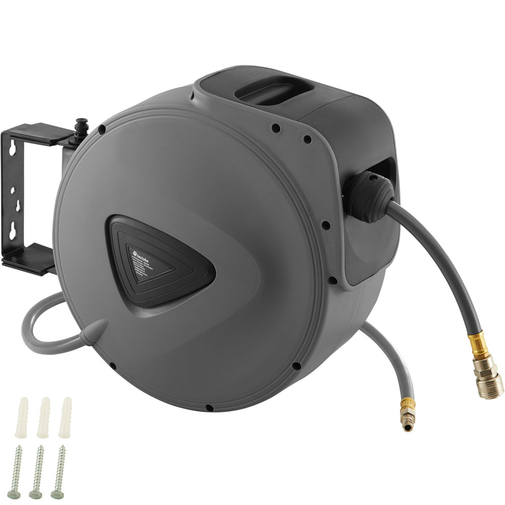 Grey compressed air hose with a drum, featuring a sturdy handle, wall-mounting bracket, and a 20cm length hose, accompanied by screws for installation.