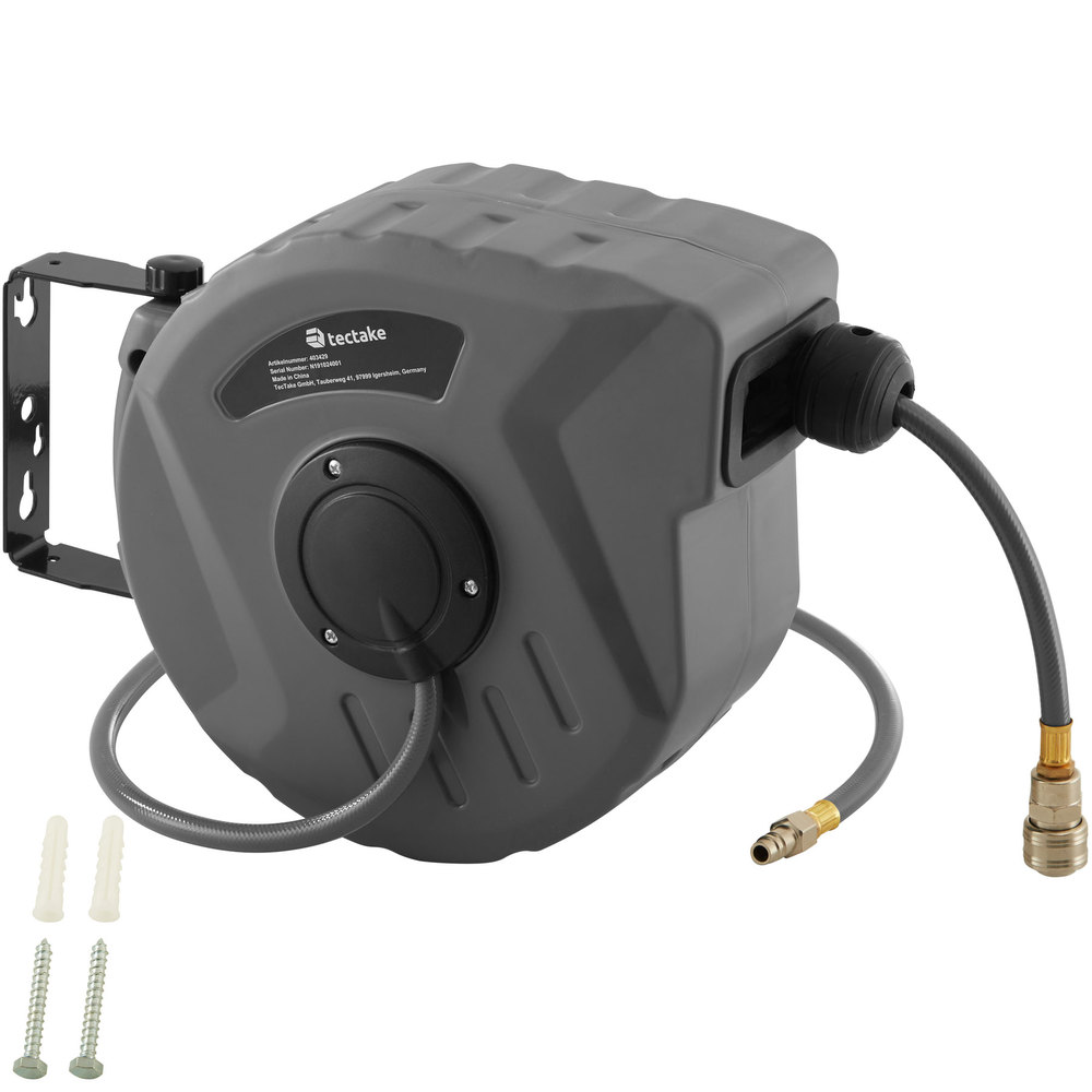 Grey compressed air hose drum with a sturdy casing, featuring a retractable hose, brass connector, and mounting hardware included.