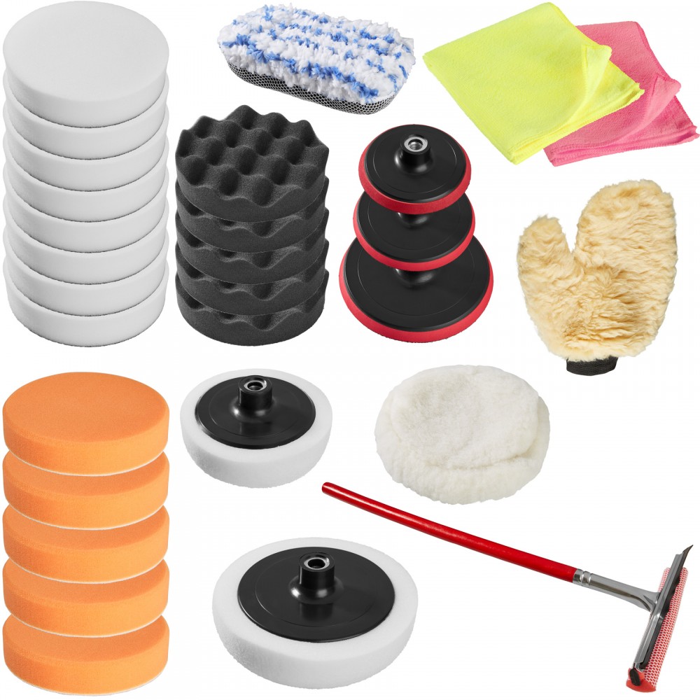 29-piece Tectake polishing pads set featuring various colors including white, orange, and black, with foam pads, microfiber cloths, and a polishing mitt, all designed for effective surface polishing.