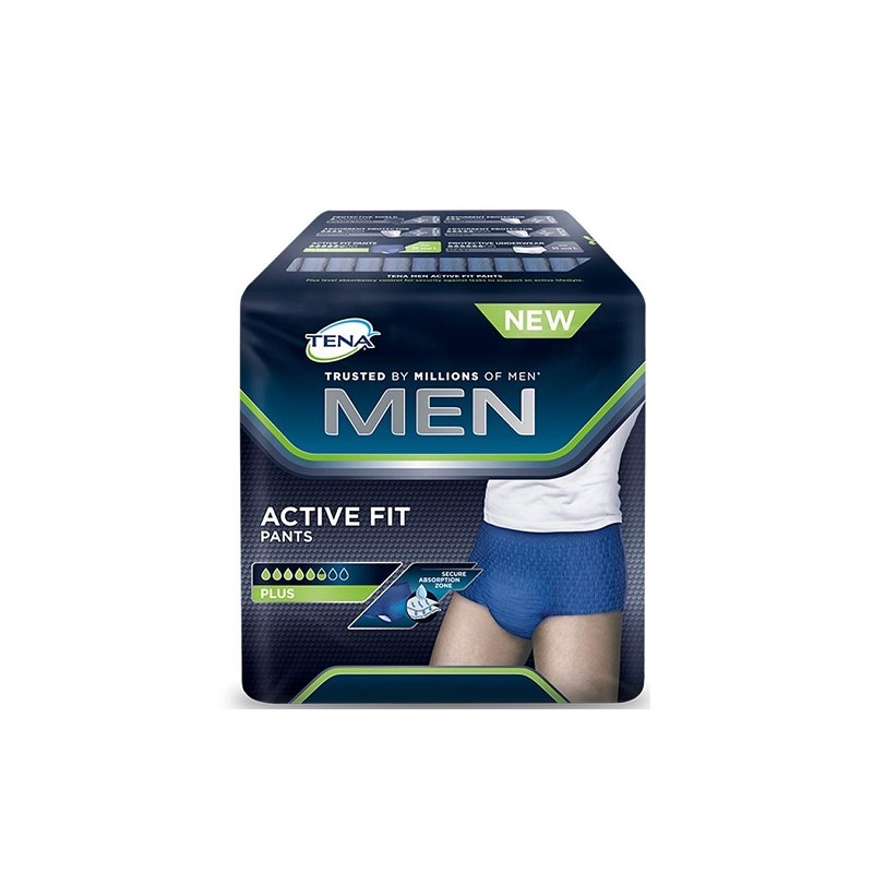 TENA Men Active Fit Pants Plus in blue, small/medium size, featuring a 1010ml absorbency, packaged in a nine-count box with a sleek design and prominent branding.