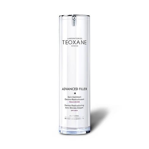 Clear, sleek bottle with a pump dispenser, featuring a white label with black text reading "Teoxane Advanced Filler" and "Dermal-Restructuring Anti-Wrinkle Cream."