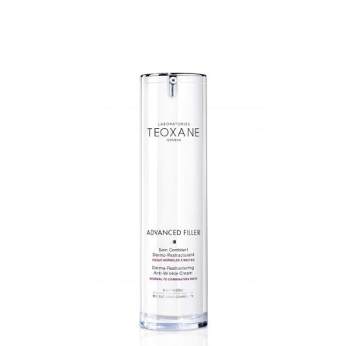 Clear cylindrical bottle with a sleek design, labeled "Teoxane Advanced Filler" for normal to combination skin, featuring a silver cap and minimalist white text.