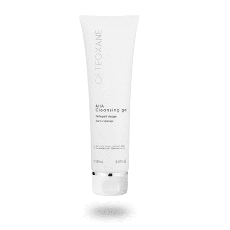 White tube of Teoxane AHA Cleansing Gel, featuring a minimalist design with black text, 150 ml, and a smooth, glossy finish.