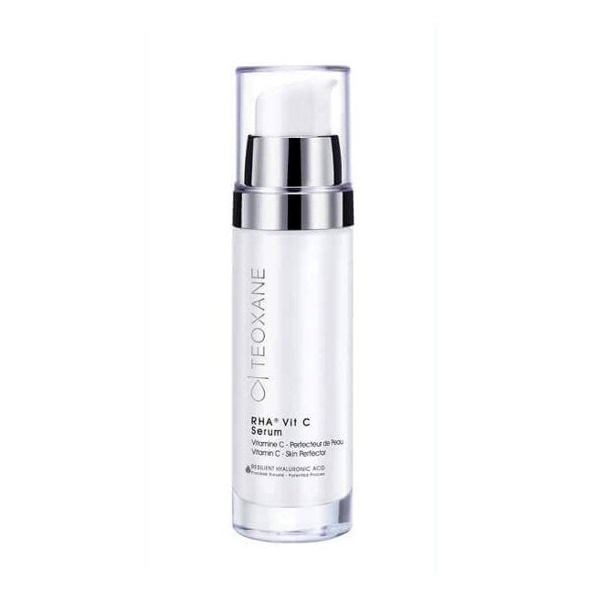 Clear glass bottle with a silver pump and cap, labeled "Teoxane RHA Vit C Serum," featuring a sleek, modern design and a white base with black text.