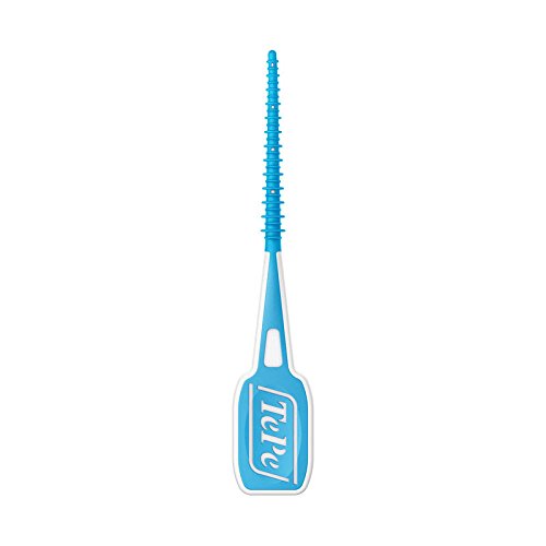 TePe EasyPick toothpicks in medium/large size, featuring a flexible blue plastic handle with a tapered end, packaged in a box containing 36 pieces.