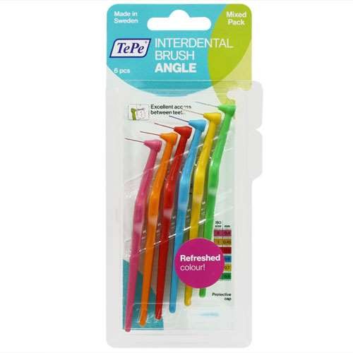 Six angled interdental brushes in a mixed pack featuring vibrant colors: red, orange, green, and blue, packaged in a clear plastic holder with a label indicating "TePe Interdental Brush Angle."