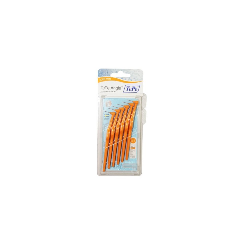 TePe Interdental Brushes in orange, featuring six angled brushes, each measuring 0.45mm, packaged in a clear plastic case with a blue backing.