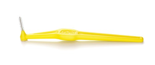 Yellow TePe interdental brush with a 0.7mm bristle head and angled handle for easy access between teeth, made of durable plastic.