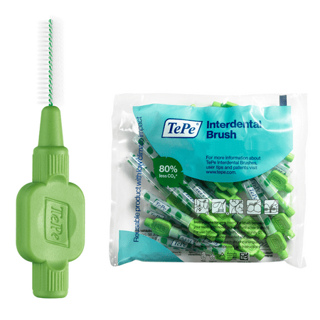 TePe Interdental Brushes in green, featuring a 0.8mm bristle size, packaged in a clear bag with multiple brushes and a green handle for easy grip.