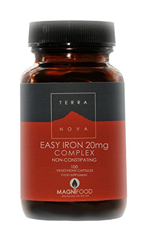 Brown glass bottle with a black lid, featuring a red and gray label that reads "Easy Iron 20mg Complex" and "100 Vegetarian Capsules" by Terranova.