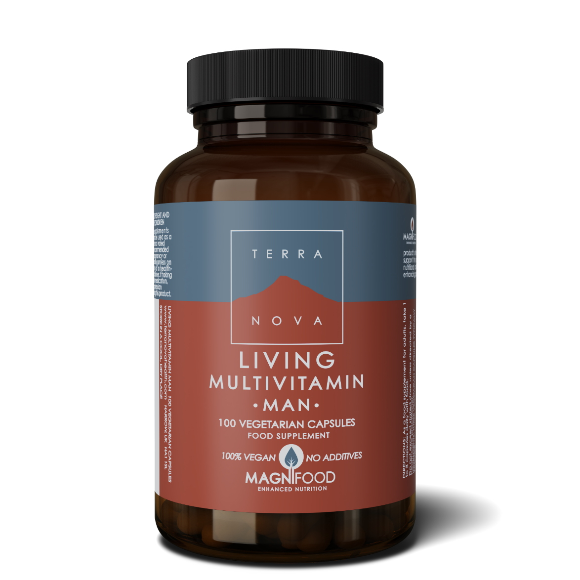 Brown glass bottle with a dark brown lid, featuring a blue and red label that reads "Terra Nova Living Multivitamin Man," containing 100 vegetarian capsules.