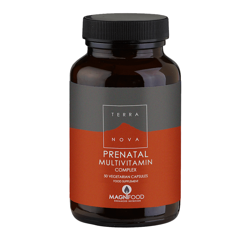 Dark amber bottle with a black lid, featuring a red and orange label that reads "Terranova Prenatal Multivitamin Complex" and indicates it contains 50 vegetarian capsules.