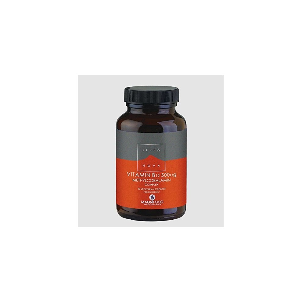 Dark amber bottle with a black lid, labeled "Terranova Vitamin B12 Complex, 500ug, 100 Capsules," featuring a gray and orange design.