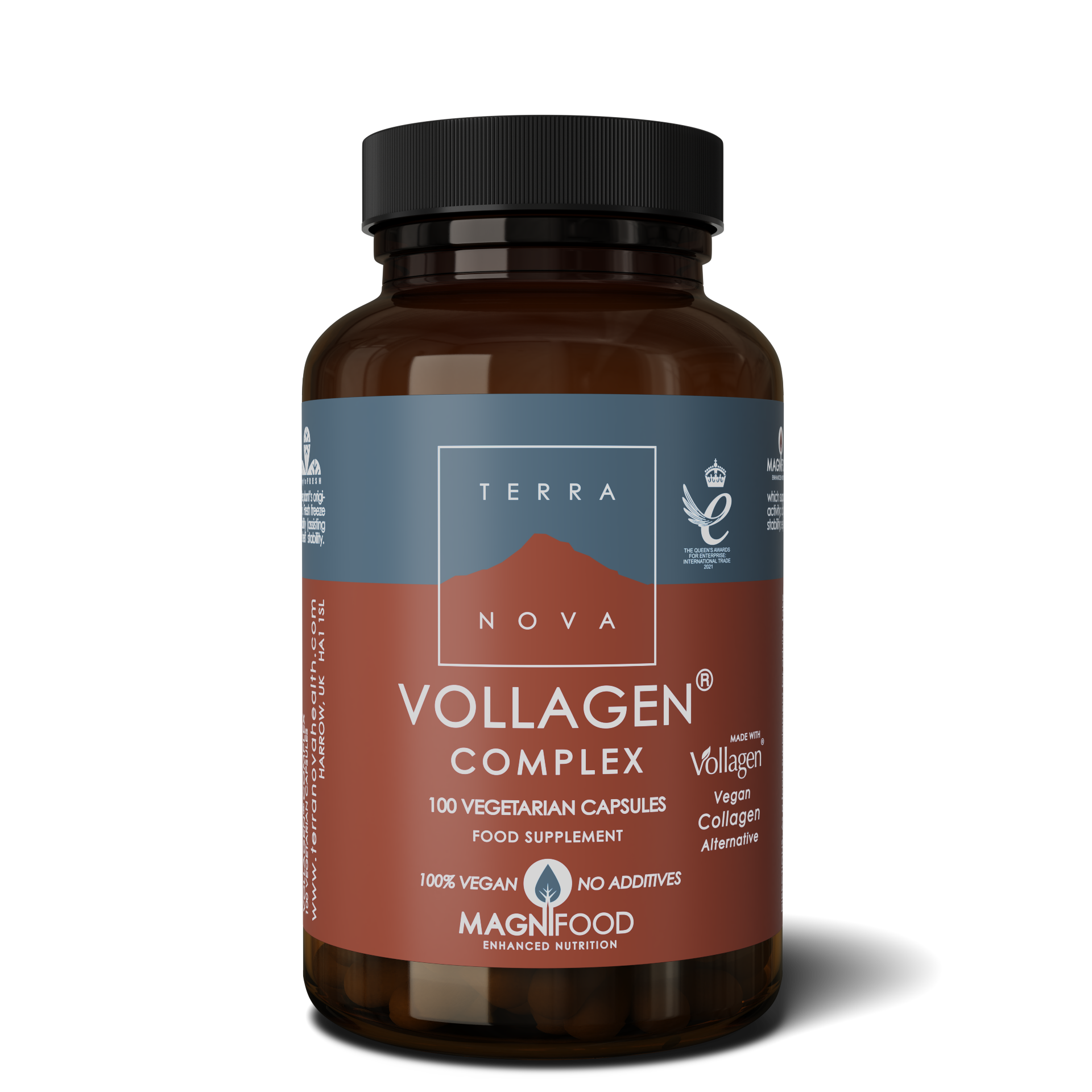 Dark brown bottle with a blue and rust-colored label, featuring "Vollagen Complex" in bold white text, containing 100 vegan capsules, labeled as a food supplement.