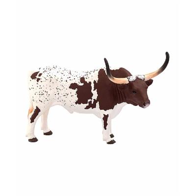 Texas Longhorn bull toy figure in brown and white with realistic spots, featuring prominent curved horns, made from durable plastic, suitable for ages three and above.