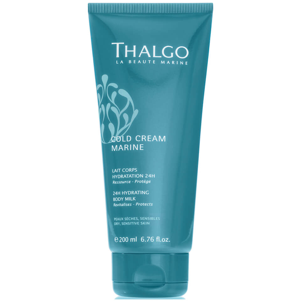 Teal tube of Thalgo Cold Cream Marine 24H Moisturizing Body Milk, 200ml, featuring a sleek design and embossed logo, designed for dry and sensitive skin.