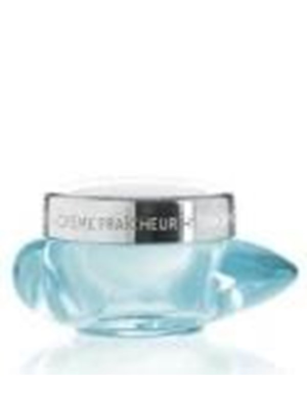Light blue glass jar with a silver lid, labeled "Thalgo 333057 50 Ml Cold Cream Marine Nutri Comfort Rich Cream," featuring a unique design resembling a fish.