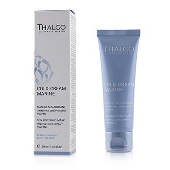 Thalgo Cold Cream Marine SOS mask in a light blue tube, featuring a white box with blue accents, designed for soothing sensitive skin, 50 ml size.