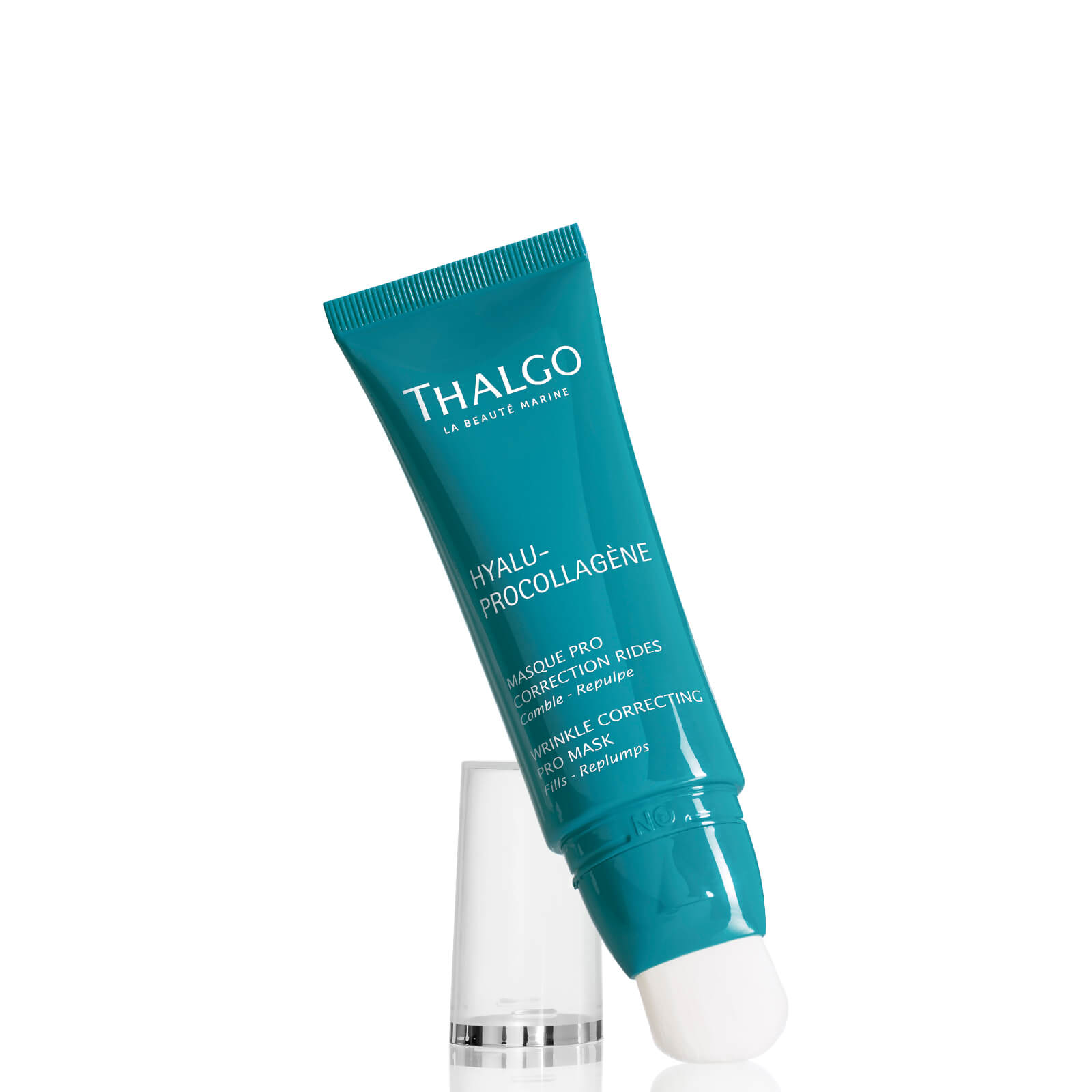 Teal tube of Thalgo Hyalu-Procollagéne Wrink Correcting Pro Mask with a white cap, featuring white text and a sleek design, indicating it's a 50 ml facial treatment.