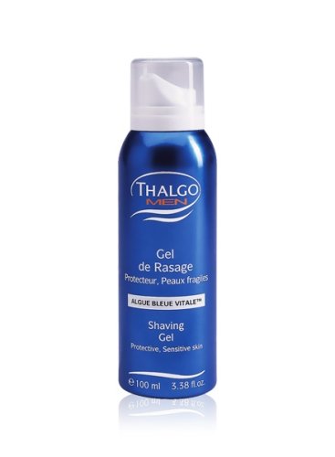 Thalgo Shaving Gel in a clear 100ml bottle features a blue metallic finish, a white pump top, and labels highlighting its protective properties for sensitive skin.