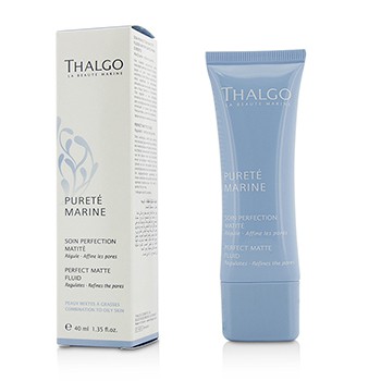 Light blue tube of Thalgo Pureté Marine Perfect Matte Fluid, 40 ml, alongside a white box with blue accents, designed for oily and combination skin, featuring a sleek, modern look.