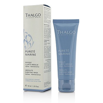 Thalgo Purete Marine Absolute Purifying Mask in a light blue tube, featuring a white label with the brand name and product details, packaged in a matching box, suitable for combination to oily skin.