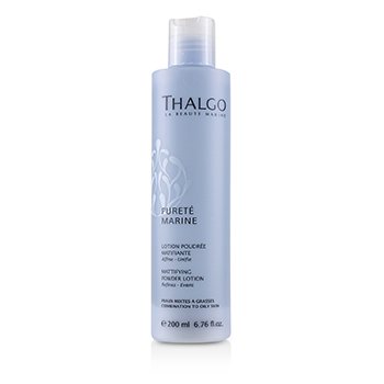 Thalgo Purete Marine Mattifying Powder Lotion in a sleek blue bottle, featuring a white label with the brand name and product details, designed for women, 200ml size.