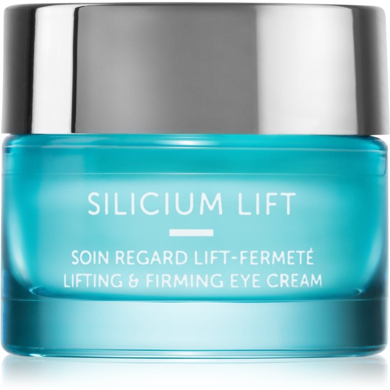 A turquoise glass jar with a silver lid, labeled "SILICIUM LIFT," containing Thalgo's Lifting & Firming Eye Cream, 15ml/0.51oz.