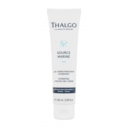 White tube with blue and silver accents, labeled "Thalgo Source Marine Hydrating Cooling Gel-Cream," featuring a flip-top cap and 3.38 oz (100 ml) capacity.