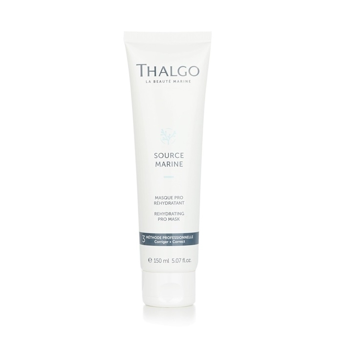 White tube with a light blue label, featuring "Thalgo Source Marine Rehydrating Pro Mask" text, 150ml/5.07oz size, designed for salon use, with a sleek, professional appearance.