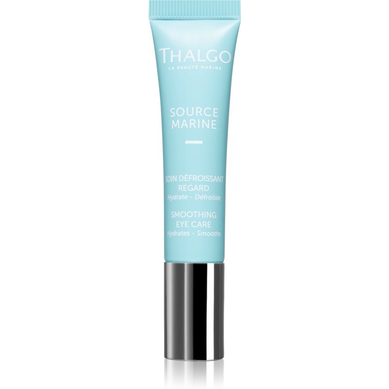 Light blue tube with a silver cap, labeled "Thalgo Source Marine Smoothing Eye Care," 15ml, featuring a sleek design and marine-themed branding.